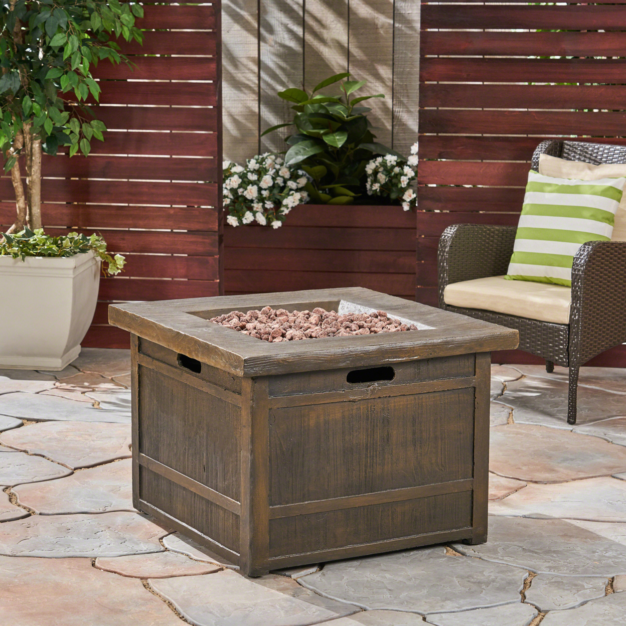 Land Backyard Fire Pit 32-inch By 32-inch Gas-Burning Lightweight Concrete Natural Wood Finish