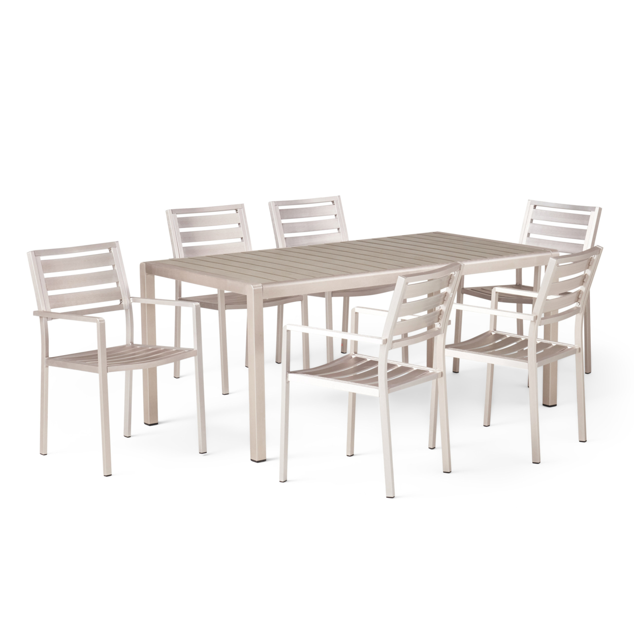 Cherie Outdoor Modern 6 Seater Aluminum Dining Set With Faux Wood Table Top