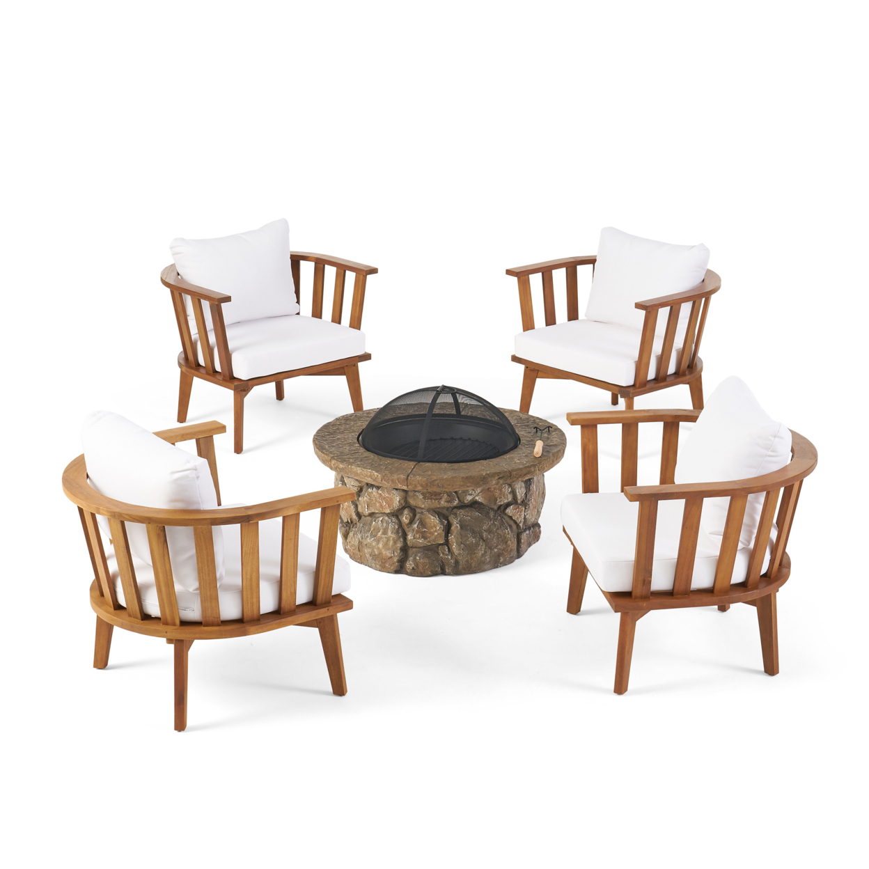 Khalel Outdoor Acacia Wood 4 Seater Club Chairs And Fire Pit Set