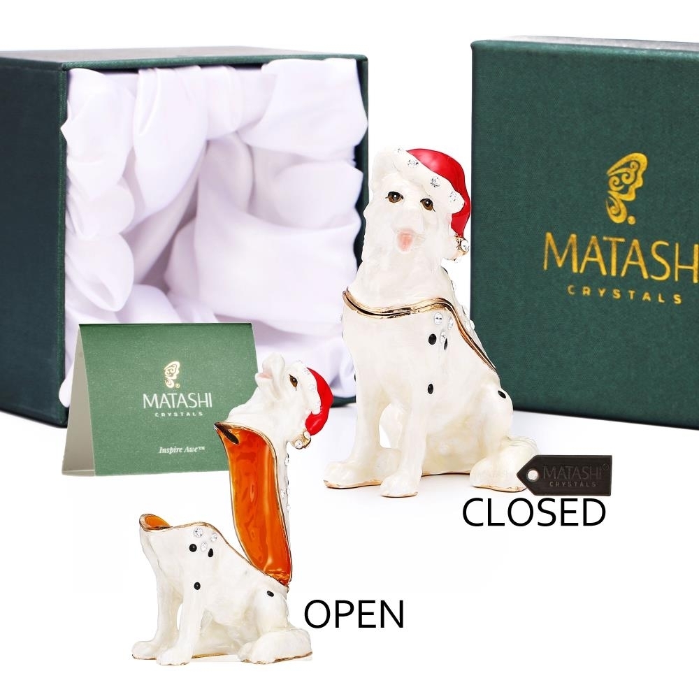 Matashi Hand-Painted Holiday Christmas Dog Trinket Box W/ Crystals Decorative Christmas Puppy Ornament W/ Stocking Cap Holiday