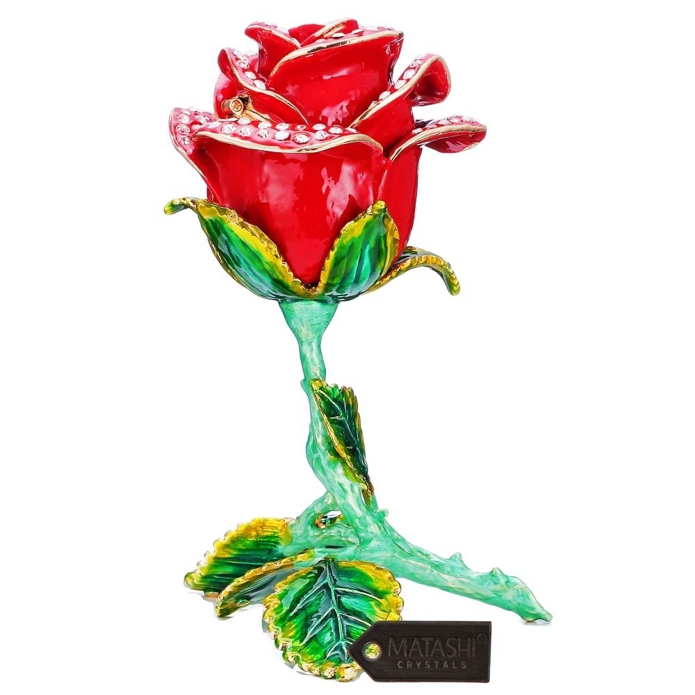 Matashi Rose Flower Trinket Box Hand-Painted Decorative Decor W/ Crystals Traditional Red & Green Colors Elegant Jewelry Holder
