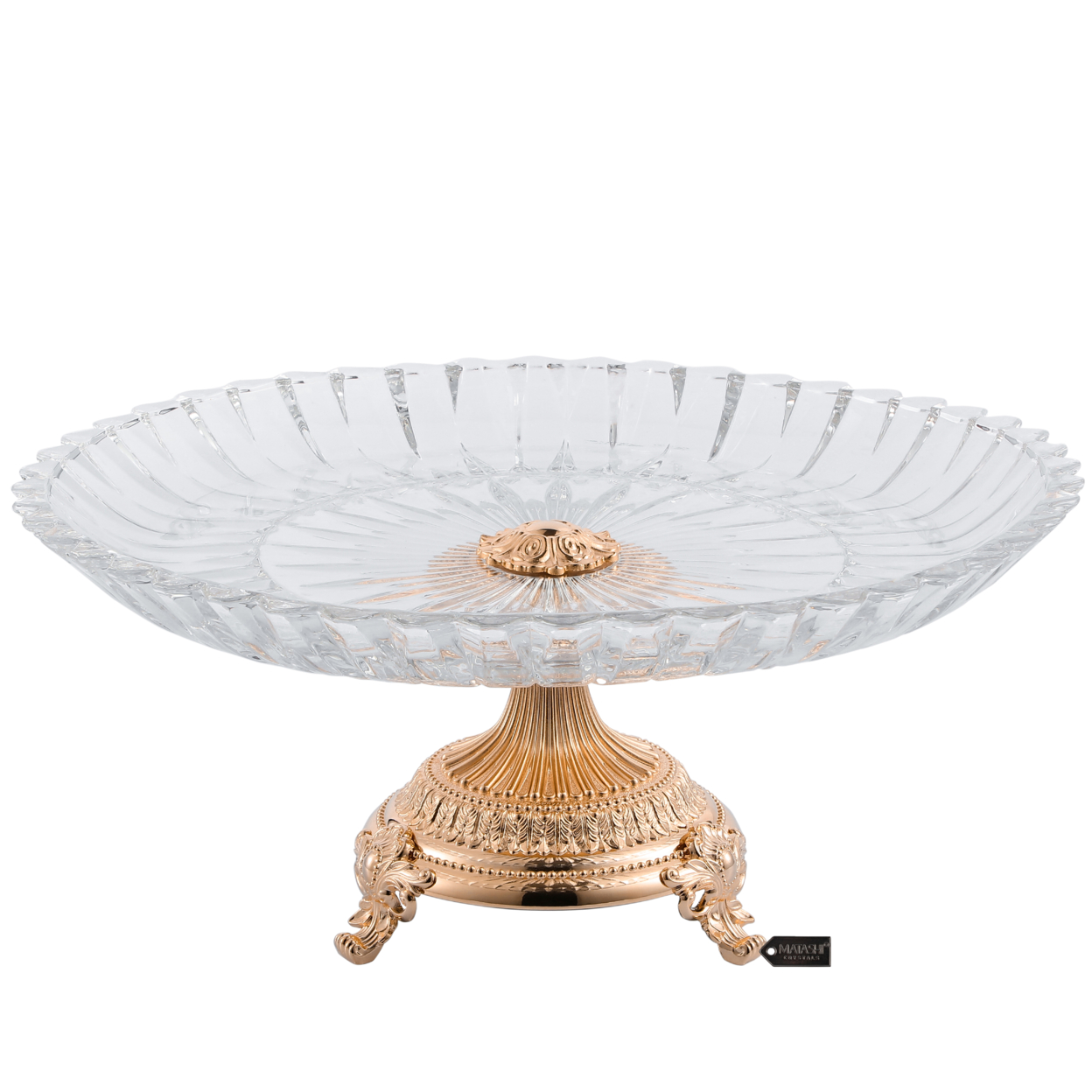 Matashi Cake Plate Centerpiece Decorative Dish, Round Serving Platter W/ Rose Gold Plated Pedestal Base For Weddings Parties