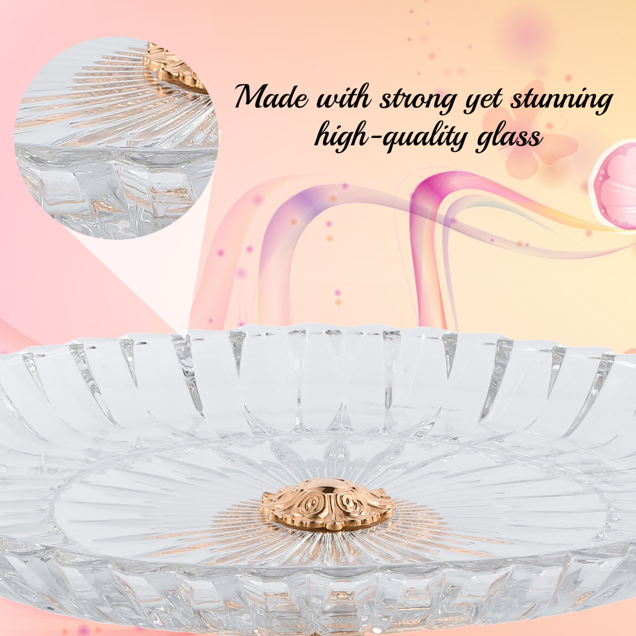 Matashi Cake Plate Centerpiece Decorative Dish, Round Serving Platter W/ Rose Gold Plated Pedestal Base For Weddings Parties
