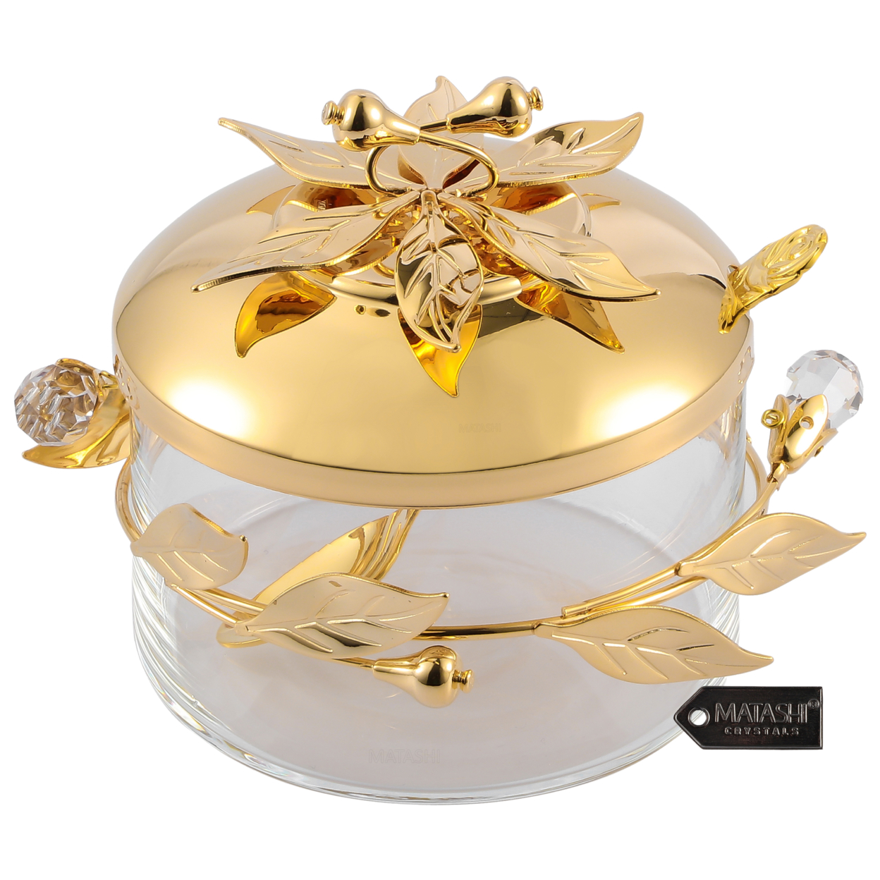 Matashi 24K Gold Plated Sugar Bowl, Honey Dish, Candy Dish Glass Bowl Flower & Vine Design W/ Spoon Gift For Christmas Weddings