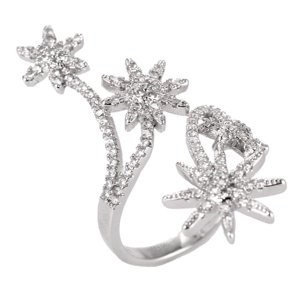 Matashi Rhodium Plated Women's Jewelry Zirconia Flower Ring - Large Unique Statement Long Full Finger Womans Fashion Rings Size 8