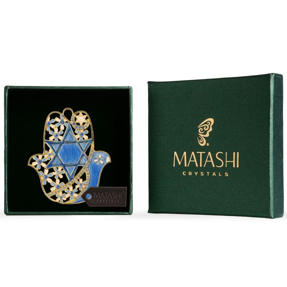 Matashi Hanging Hamsa Dove & Flowers W/ Star Of David Wall Decor Ornament W/ Crystals (Pewter) Hamsa Decoration Gold-Plated Hanging Pendant