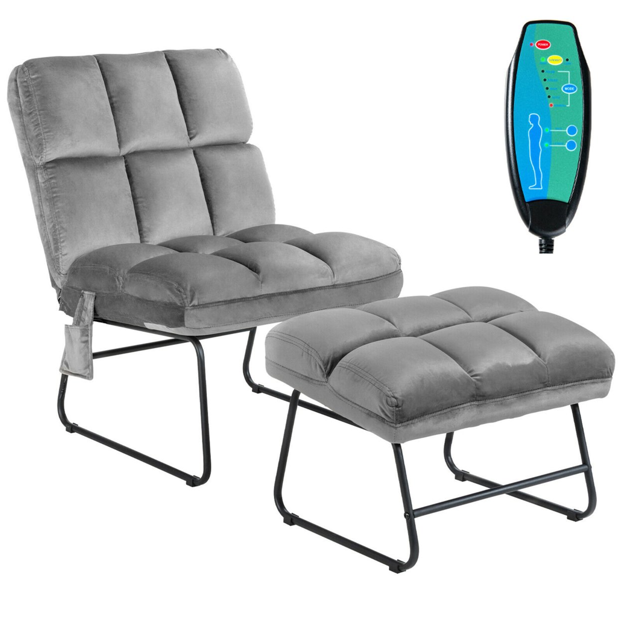 Electric Massage Chair Vibrating Velvet Sofa W/Ottoman And Remote Control Gray