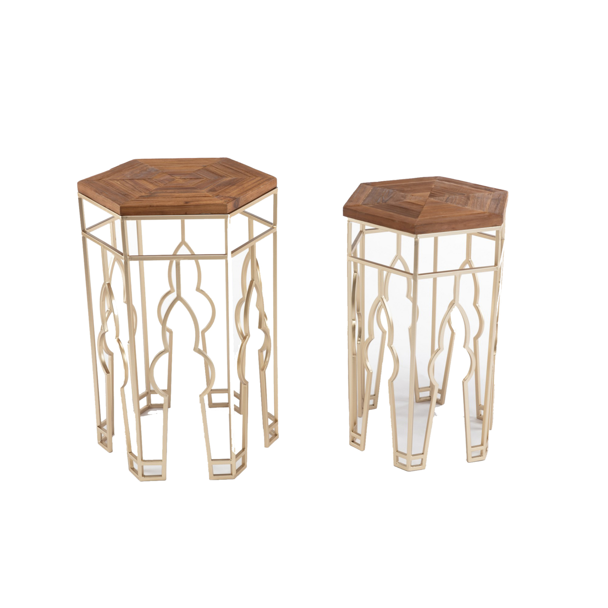 Nesting Side Table With Hexagonal Top, Set Of 2, Brown And Gold- Saltoro Sherpi