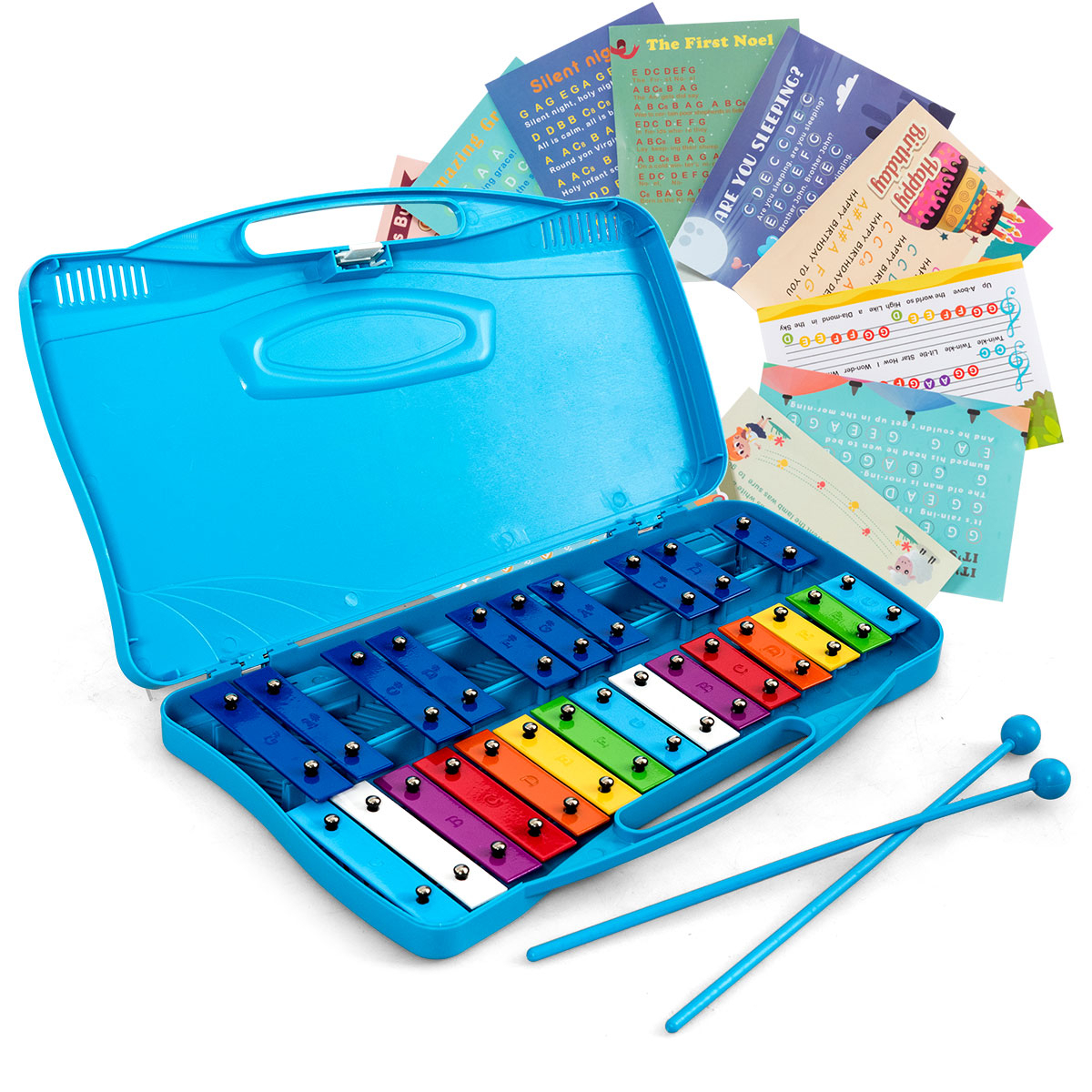 25 Notes Kids Glockenspiel Chromatic Metal Xylophone W/ Blue Case And 2 Mallets