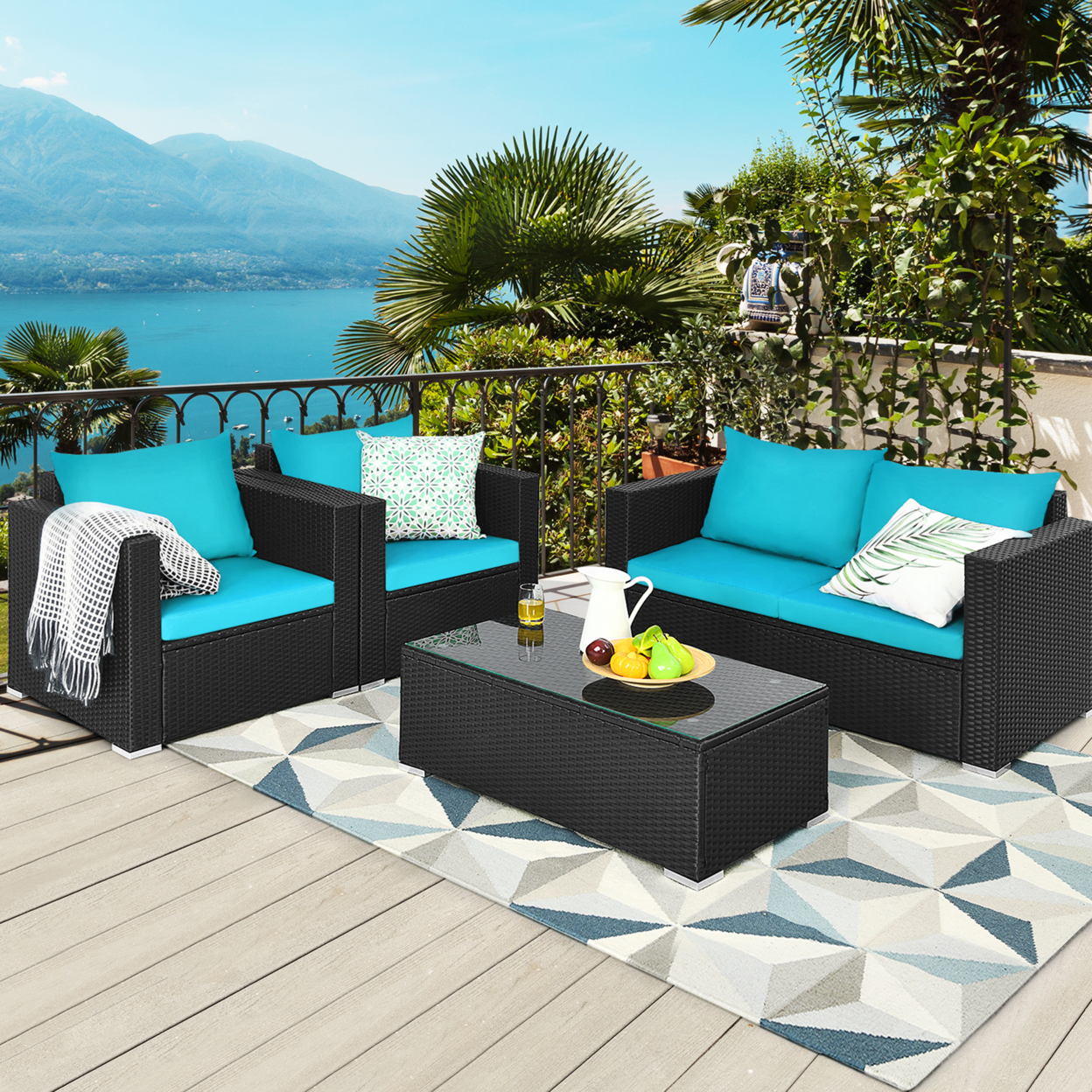 4PCS Rattan Patio Conversation Set Outdoor Furniture Set W/ Cushions - Turquoise