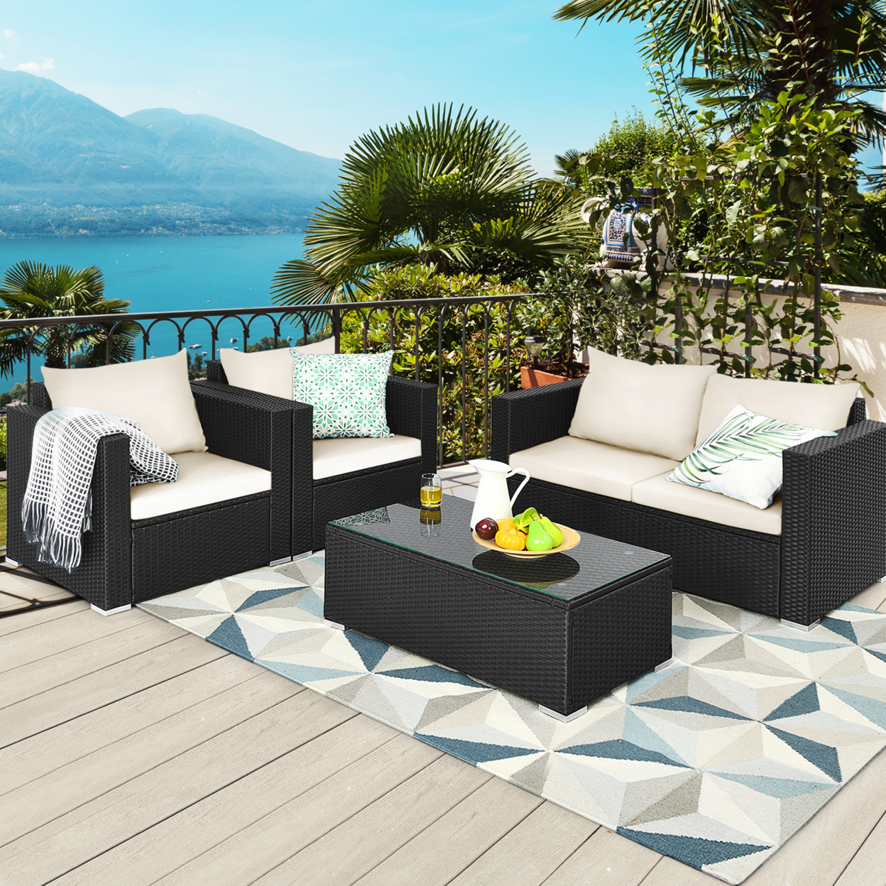 4PCS Rattan Patio Conversation Set Outdoor Furniture Set W/ Cushions - Off White