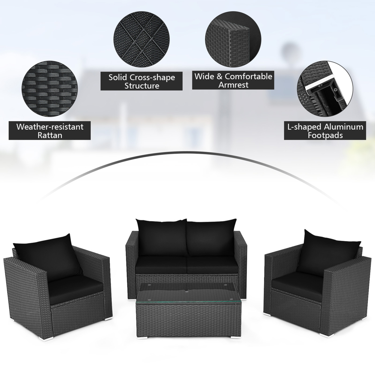 4PCS Rattan Patio Conversation Set Outdoor Furniture Set W/ Black Cushions