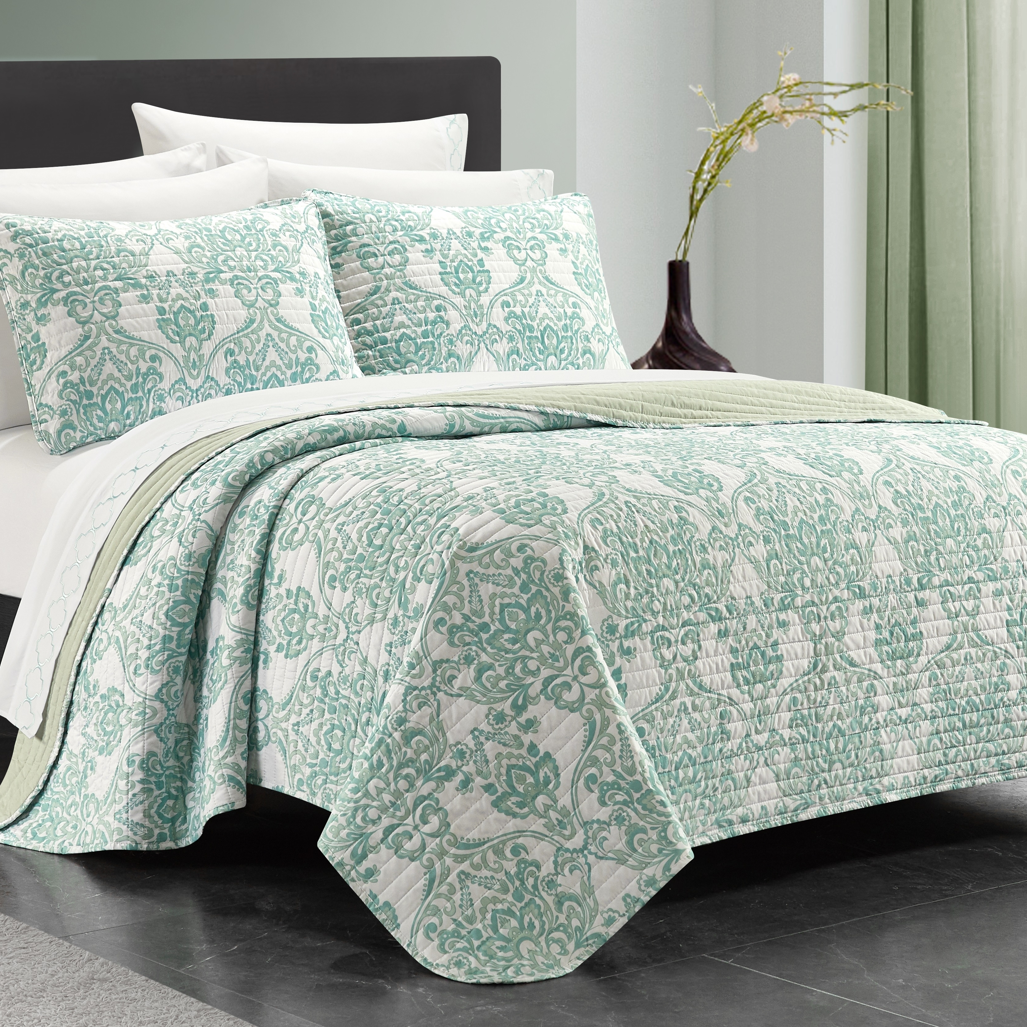 9 Or 6 Piece Quilt Set Medallion Or Floral Pattern Print Reversible Bed In A Bag - Sage Green, Full