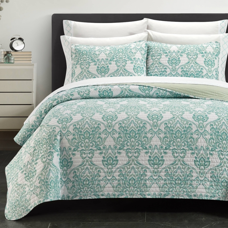 9 Or 6 Piece Quilt Set Medallion Or Floral Pattern Print Reversible Bed In A Bag - Sage Green, California King