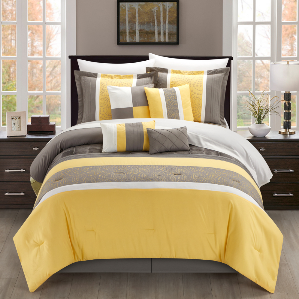 Euphoria 8-Piece Embroidered Comforter Set Embroidery Pintuck Bedding With Bed Skirt And Decorative Pillows Shams - Yellow, Queen