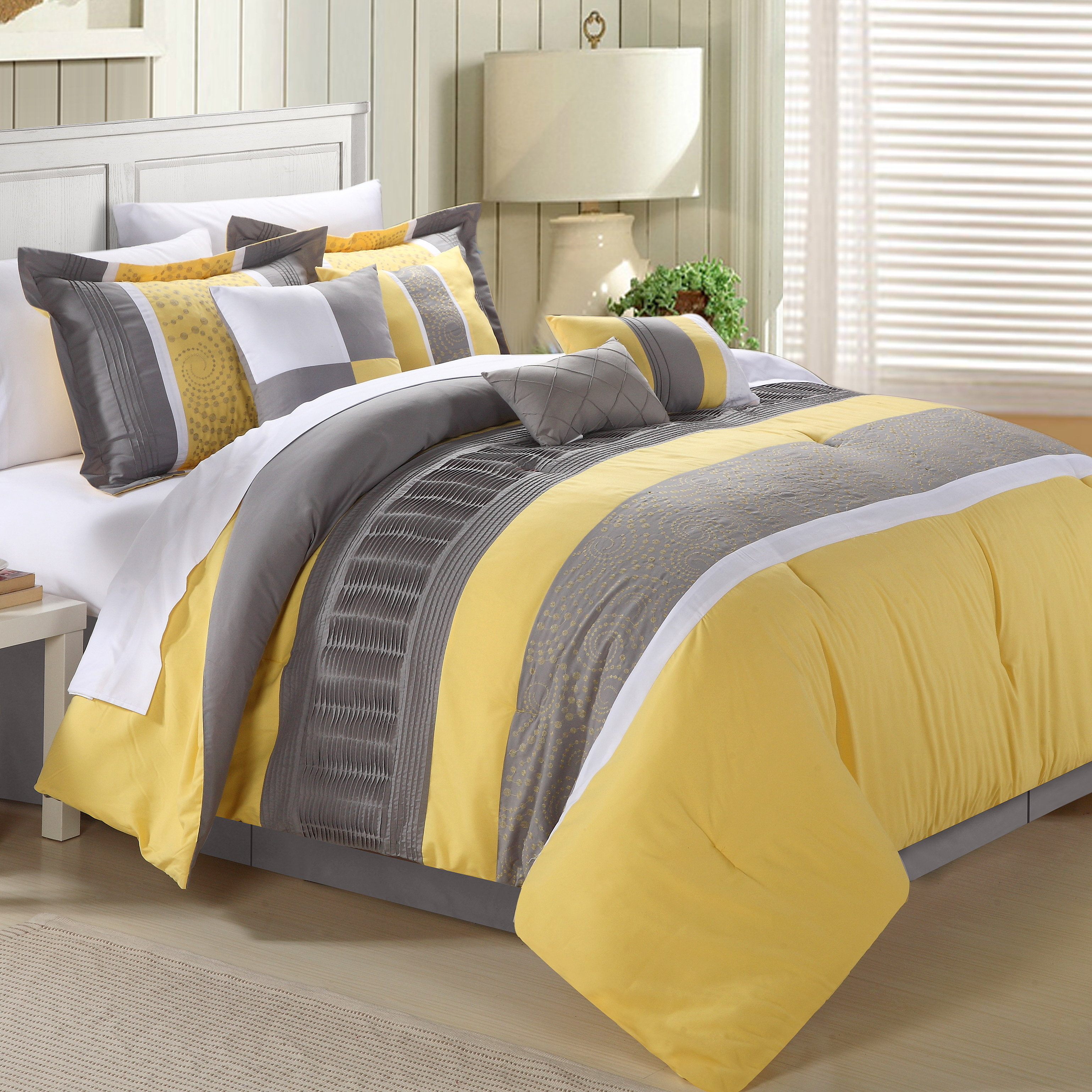 Euphoria 8-Piece Embroidered Comforter Set Embroidery Pintuck Bedding With Bed Skirt And Decorative Pillows Shams - Yellow, King