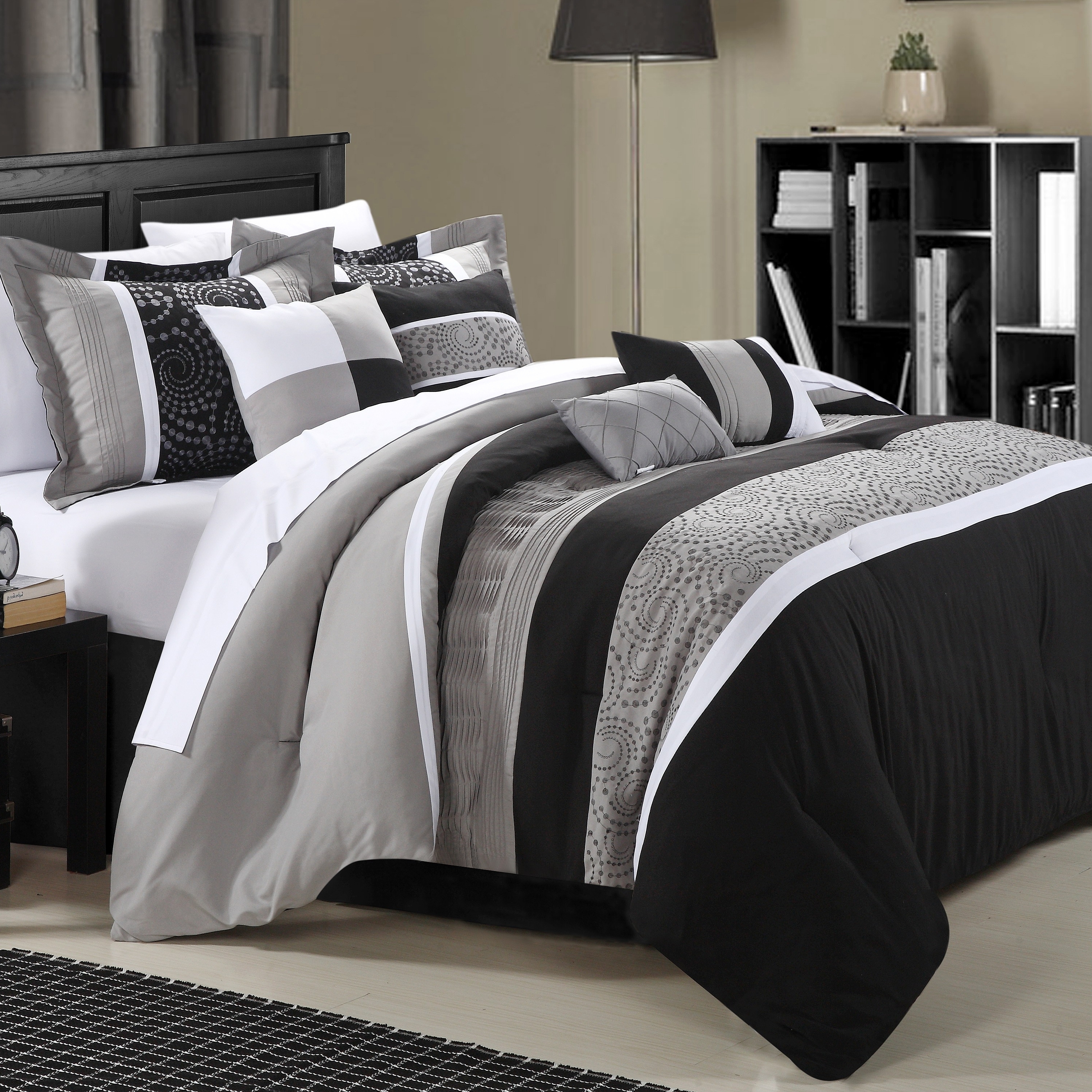 Euphoria 8-Piece Embroidered Comforter Set Embroidery Pintuck Bedding With Bed Skirt And Decorative Pillows Shams - Black, Queen