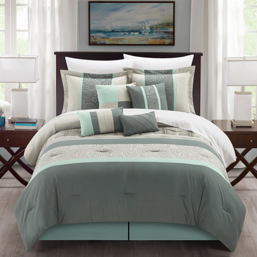 Euphoria 8-Piece Embroidered Comforter Set Embroidery Pintuck Bedding With Bed Skirt And Decorative Pillows Shams - Aqua, Queen
