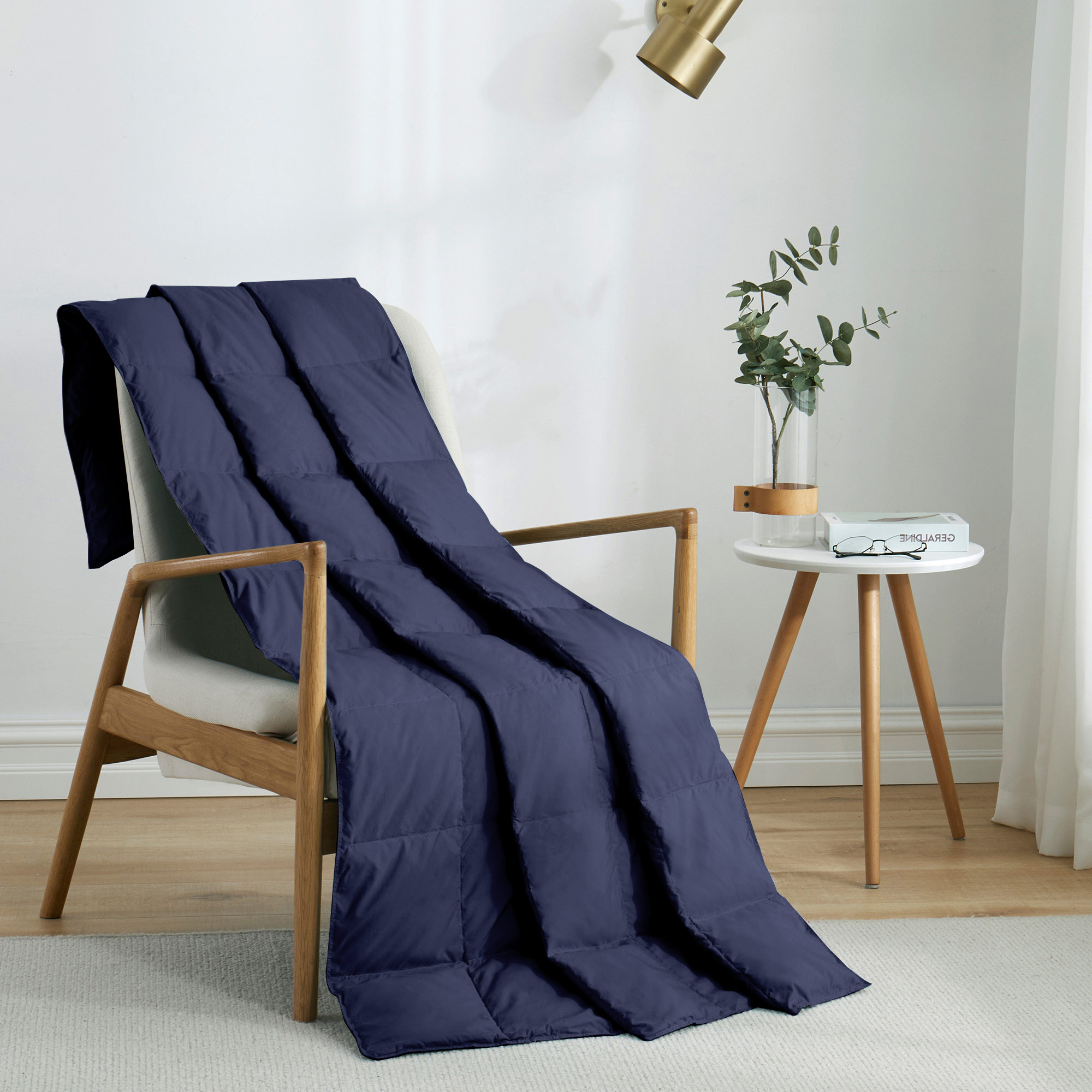 Natural Down Blanket Filled With UltraFeather And Down, Throw Blanket (50 X 70) Sewn Through Box Design - Navy