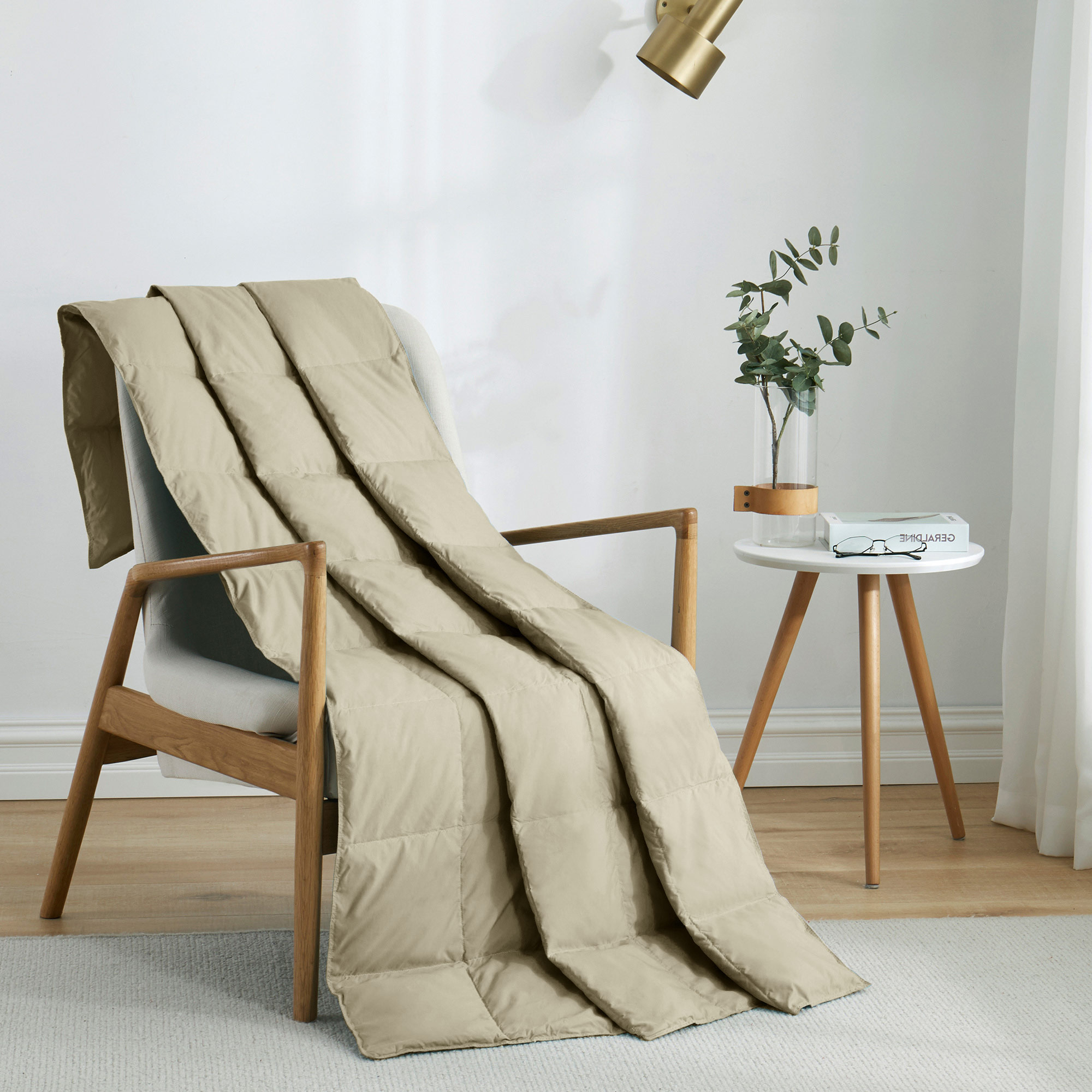 Natural Down Blanket Filled With UltraFeather And Down, Throw Blanket (50 X 70) Sewn Through Box Design - Khaki