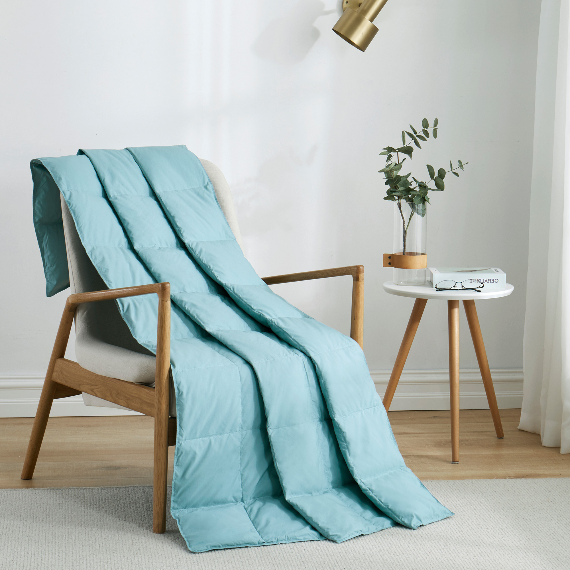 Natural Down Blanket Filled With UltraFeather And Down, Throw Blanket (50 X 70) Sewn Through Box Design - Light Blue