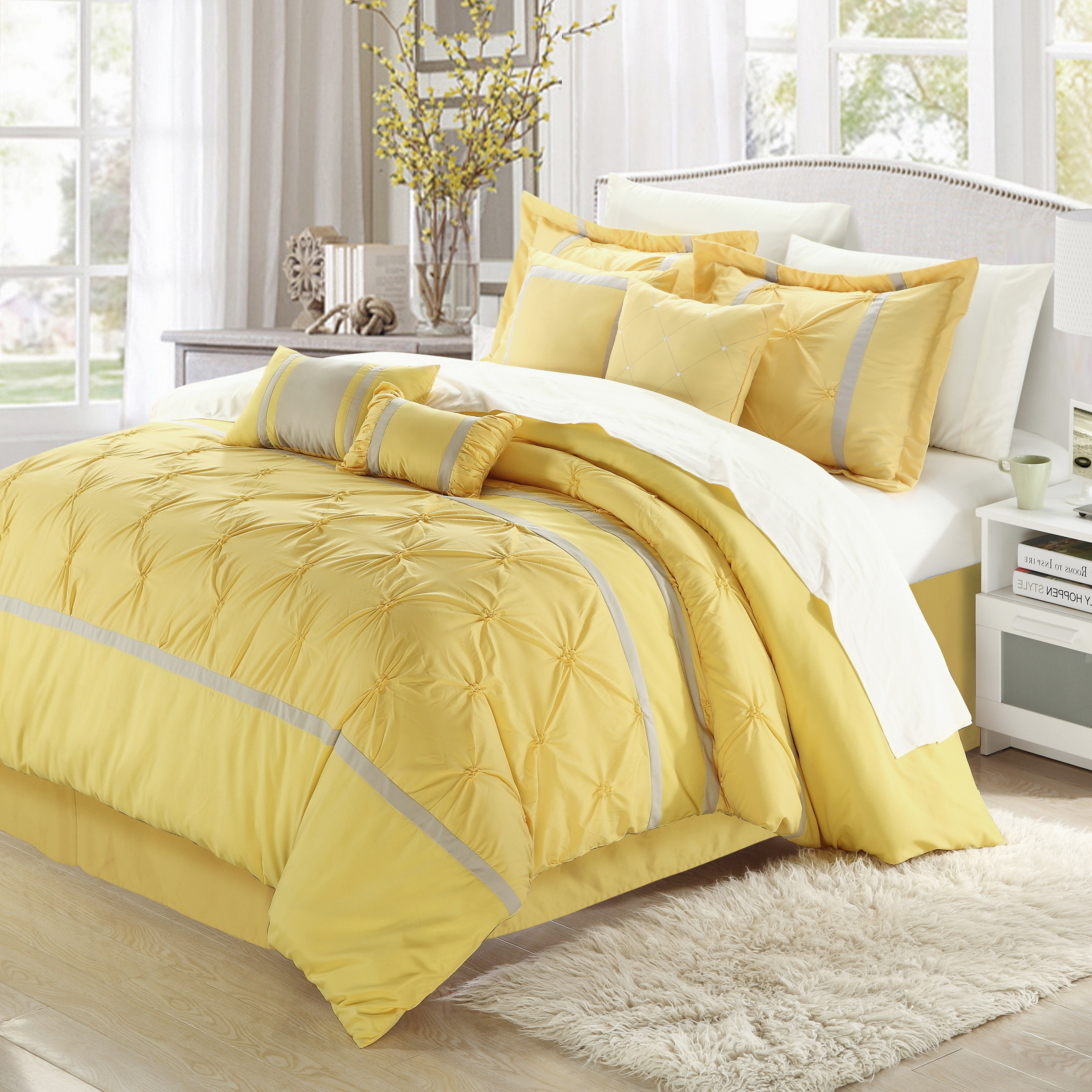 Vermont 8 Piece Solid Pinch Pleat Embroidered Design - Yellow, Queen