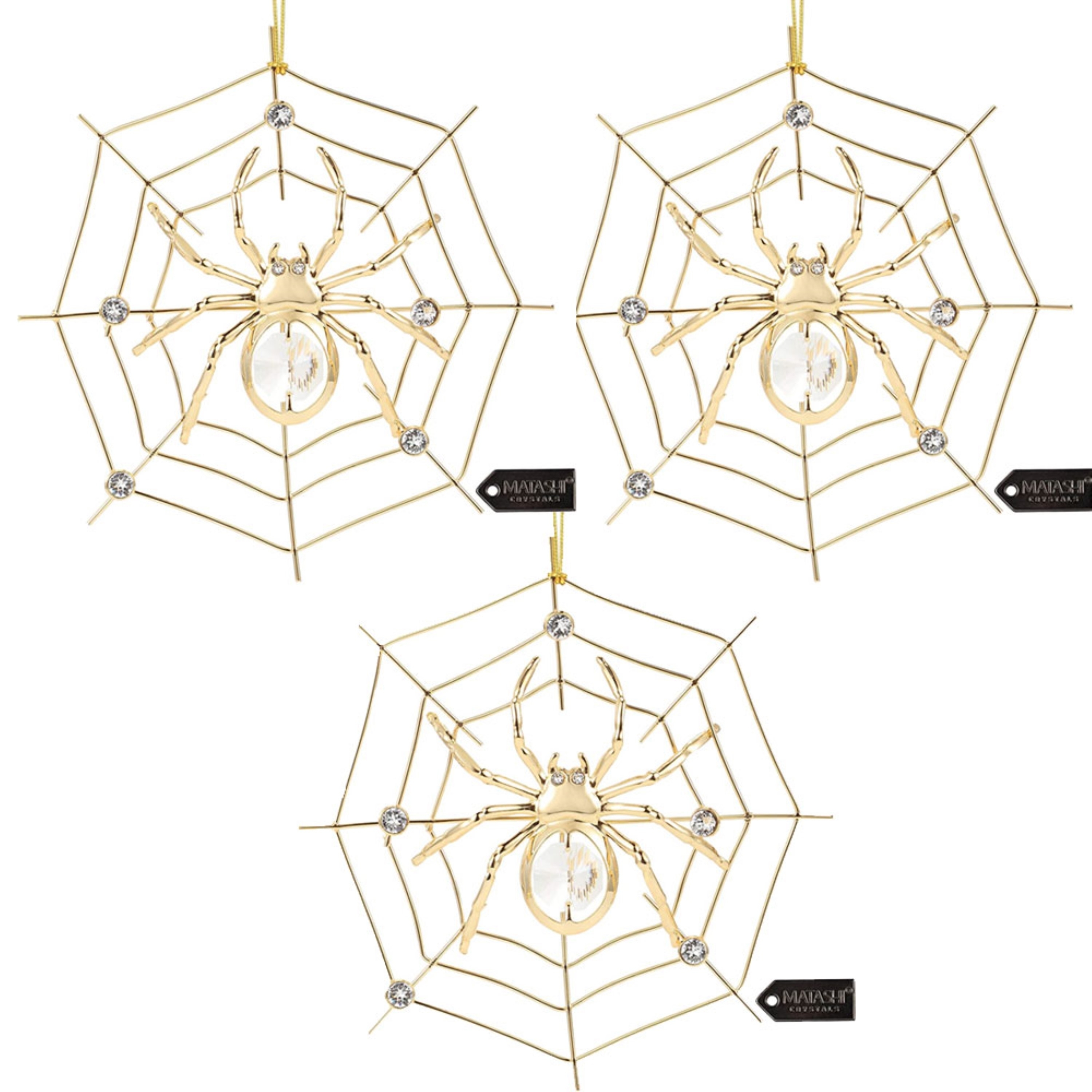 (3 Set) Matashi 24K Gold Plated Crystal Studded Lucky Spider Hanging Ornaments For Christmas Tree Spider Gift For Christams Holiday Decor