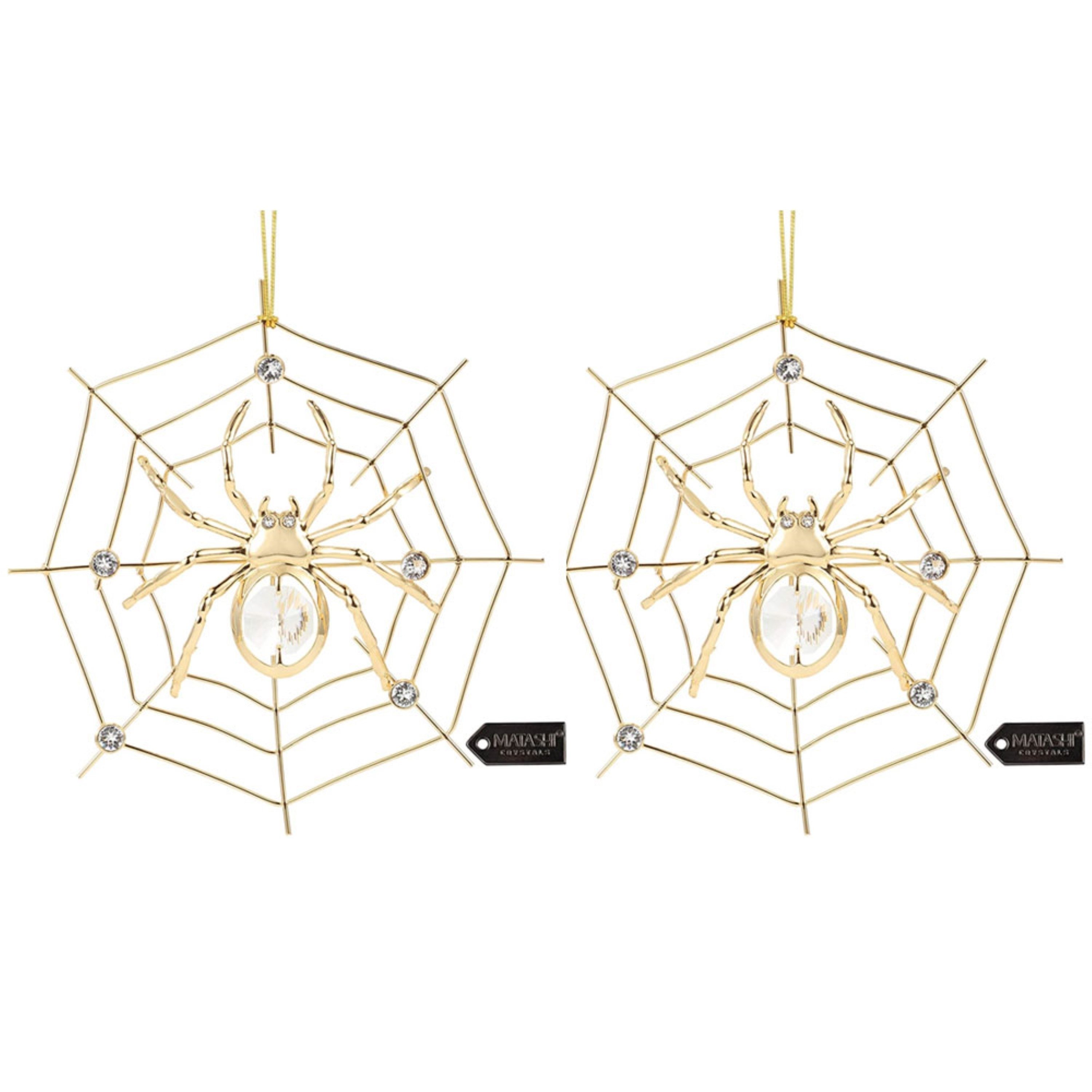(2 Set) Matashi 24K Gold Plated Crystal Studded Lucky Spider Hanging Ornaments For Christmas Tree Spider Gift For Christams Holiday Decor