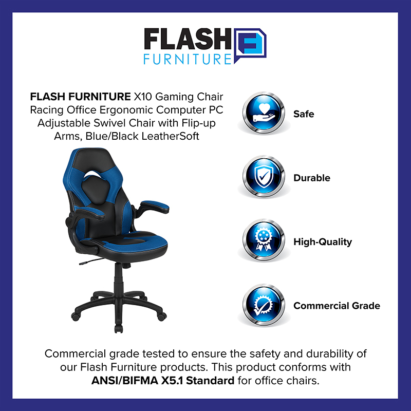 X10 Gaming Chair Racing Office Ergonomic Computer PC Adjustable Swivel Chair With Flip-up Arms, Blue And Black LeatherSoft