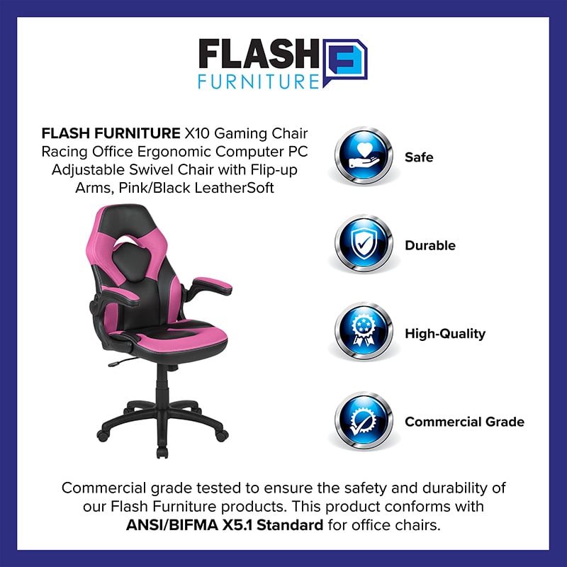 X10 Gaming Chair Racing Office Ergonomic Computer PC Adjustable Swivel Chair With Flip-up Arms, Pink And Black LeatherSoft