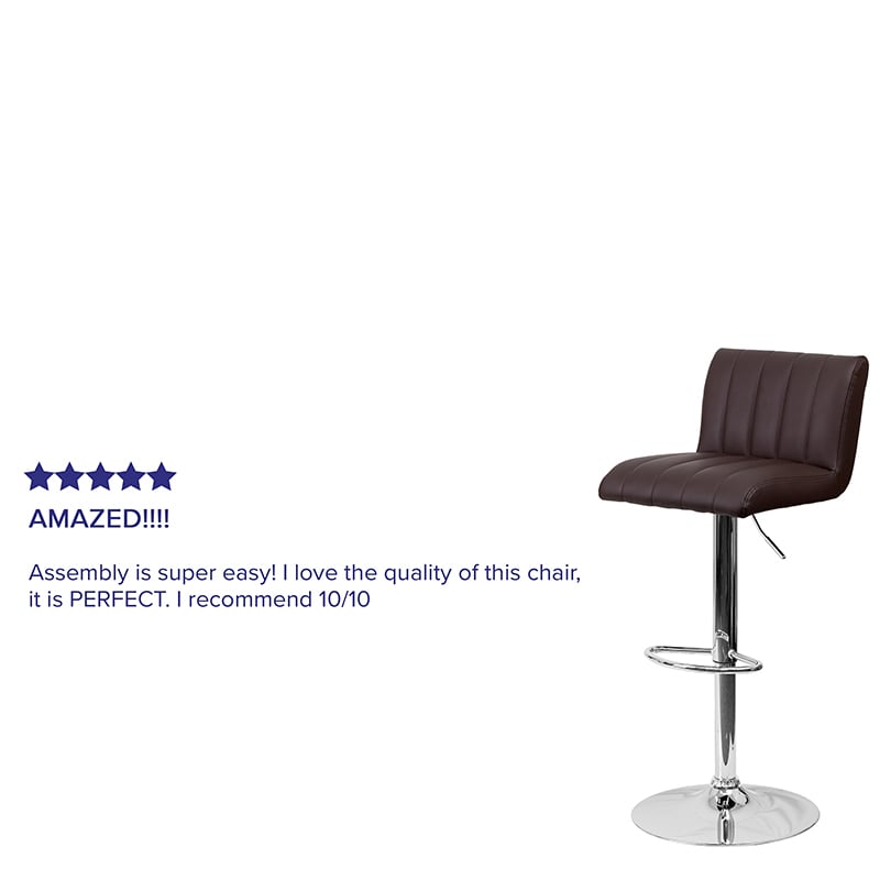 Contemporary Brown Vinyl Adjustable Height Barstool With Vertical Stitch Back And Seat And Chrome Base