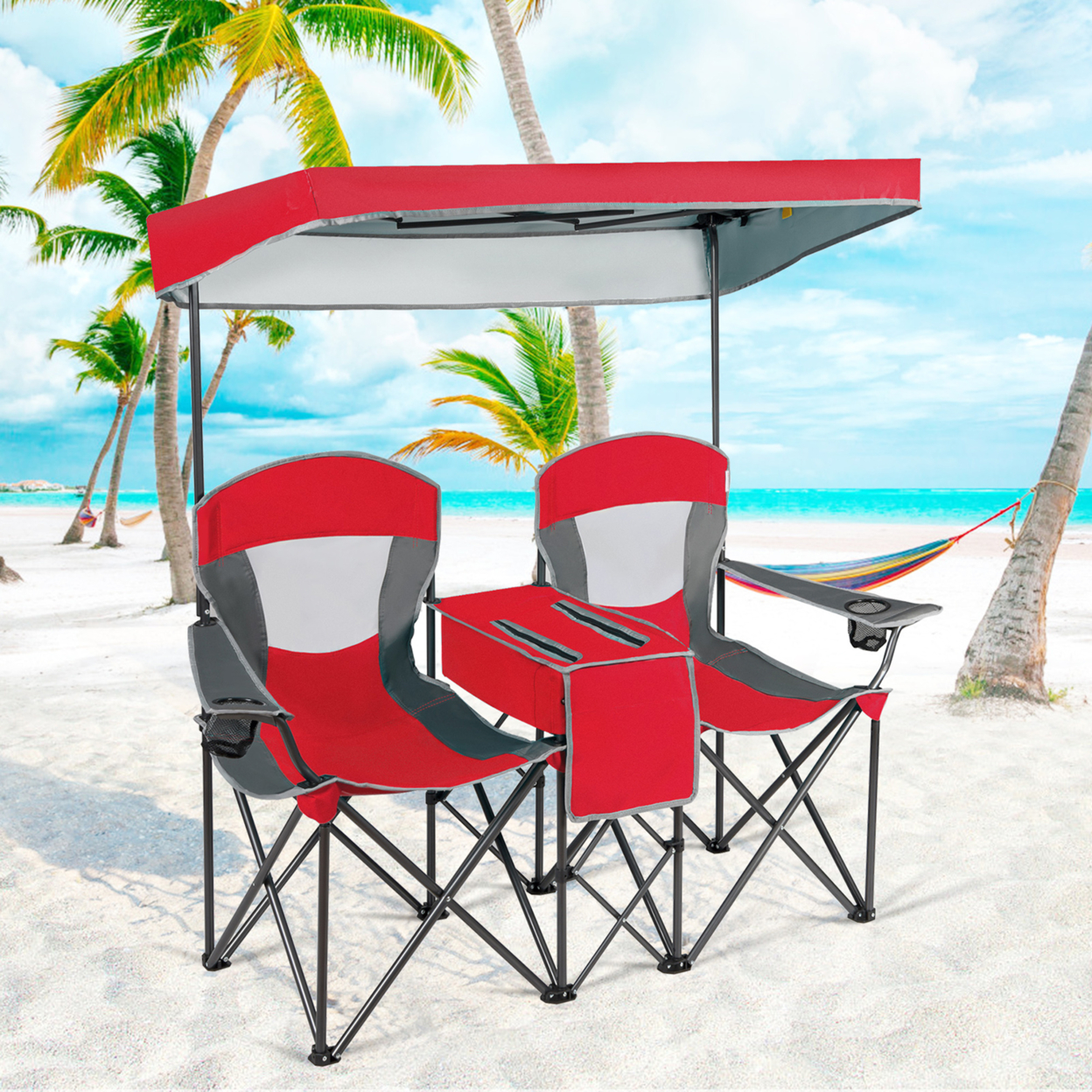 Folding 2-person Camping Chairs Double Sunshade Chairs W/ Canopy Blue/Turquoise/Red - Red