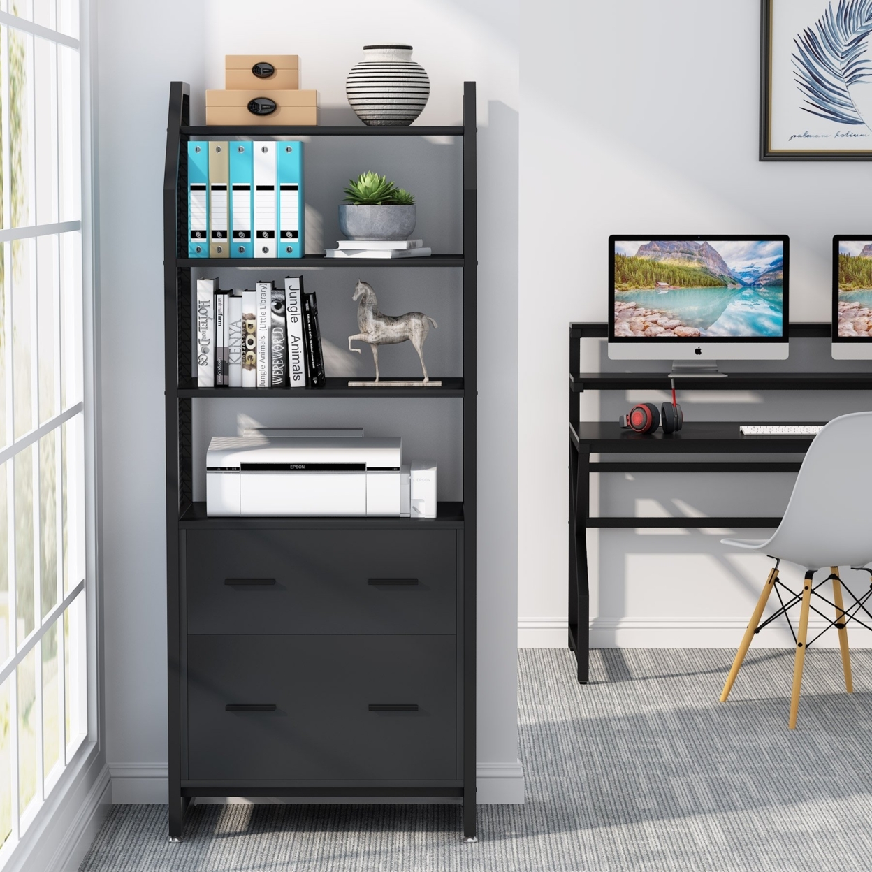 Tribesigns 2 Drawer File Cabinet With Bookshelf, Modern Vertical Filing Cabinet