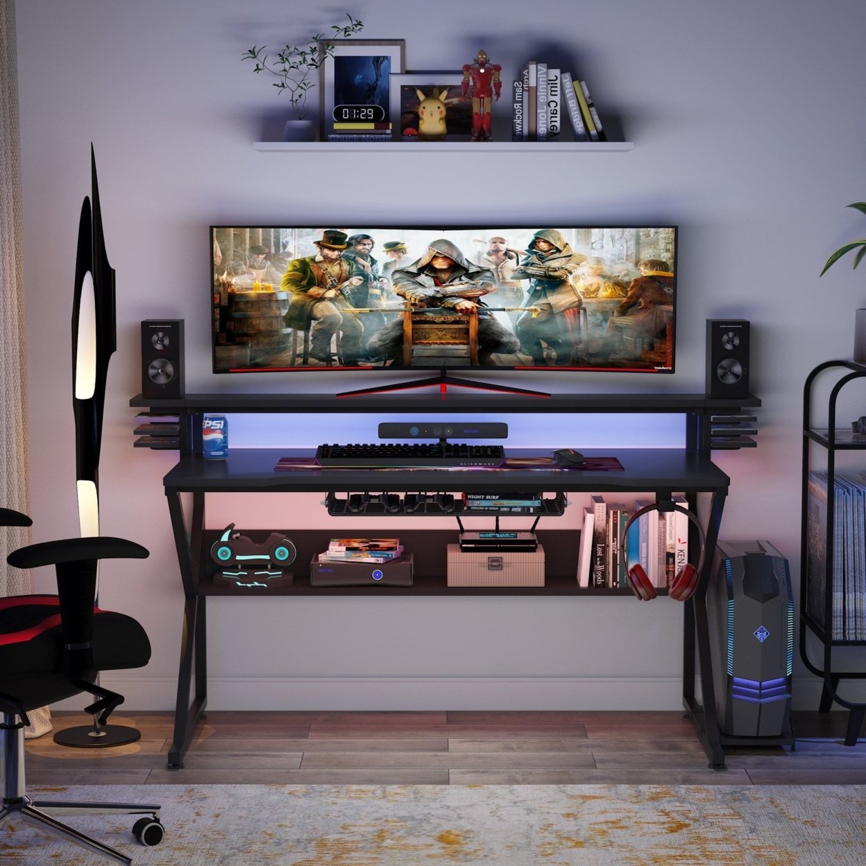 Tribesigns Gaming Desk With Storage Shelf And Monitors Shelf, 47 Inches PC Computer Desk