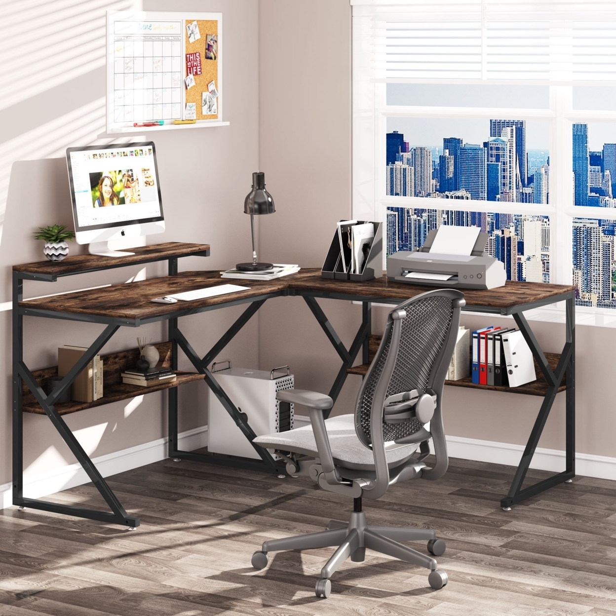 Tribesigns L Shaped Desk With Storage Shelves, 63 Inch Reversible Corner Computer Desk With Monitor Stand