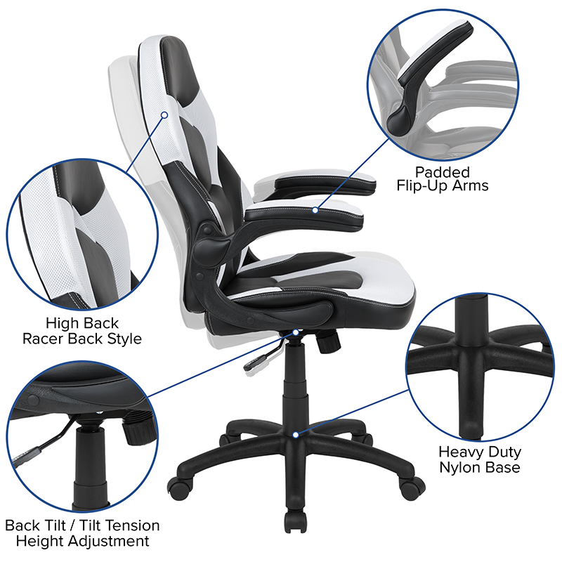 Black Gaming Desk And White And Black Racing Chair Set With Cup Holder, Headphone Hook & 2 Wire Management Holes