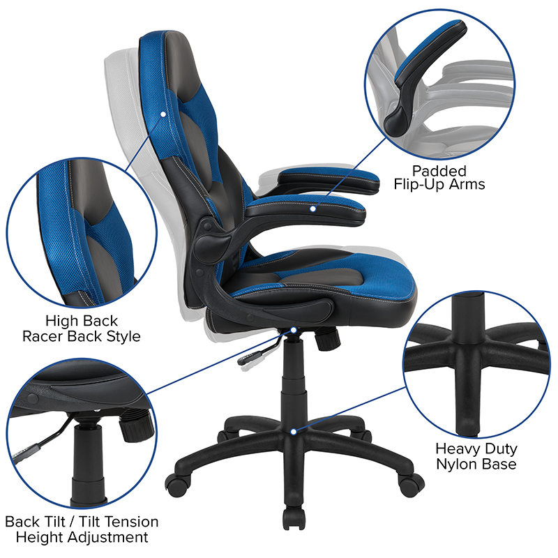 Red Gaming Desk And Blue And Black Racing Chair Set With Cup Holder And Headphone Hook