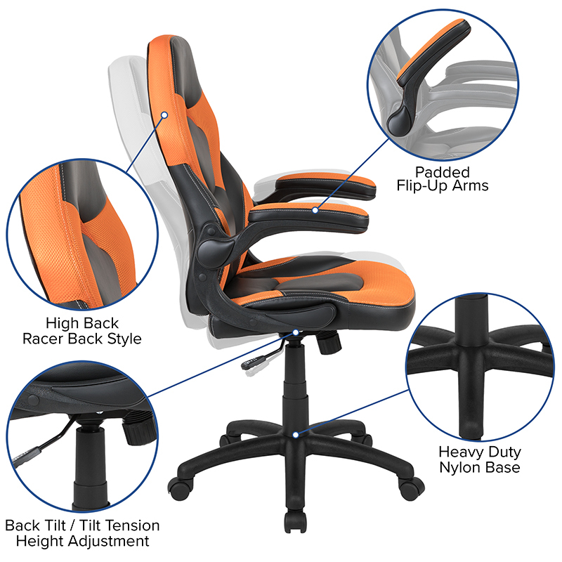 Red Gaming Desk And Orange And Black Racing Chair Set With Cup Holder And Headphone Hook