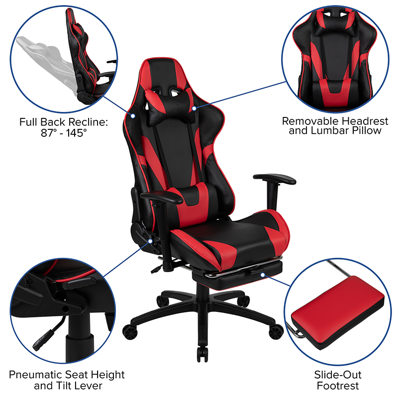 Red Gaming Desk And Red And Black Footrest Reclining Gaming Chair Set With Cup Holder And Headphone Hook