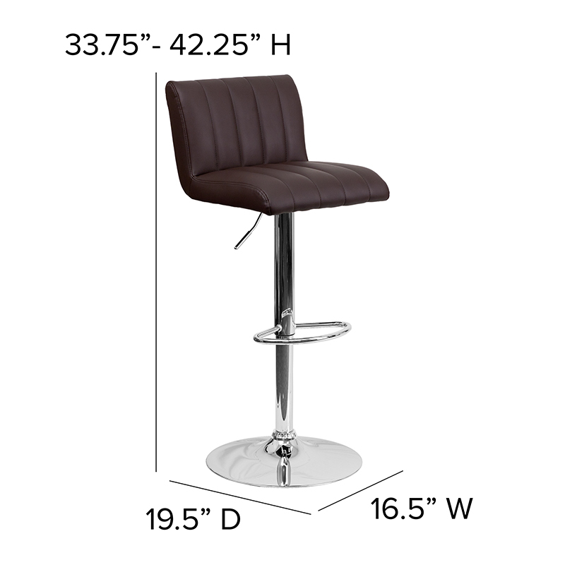Contemporary Brown Vinyl Adjustable Height Barstool With Vertical Stitch Back And Seat And Chrome Base