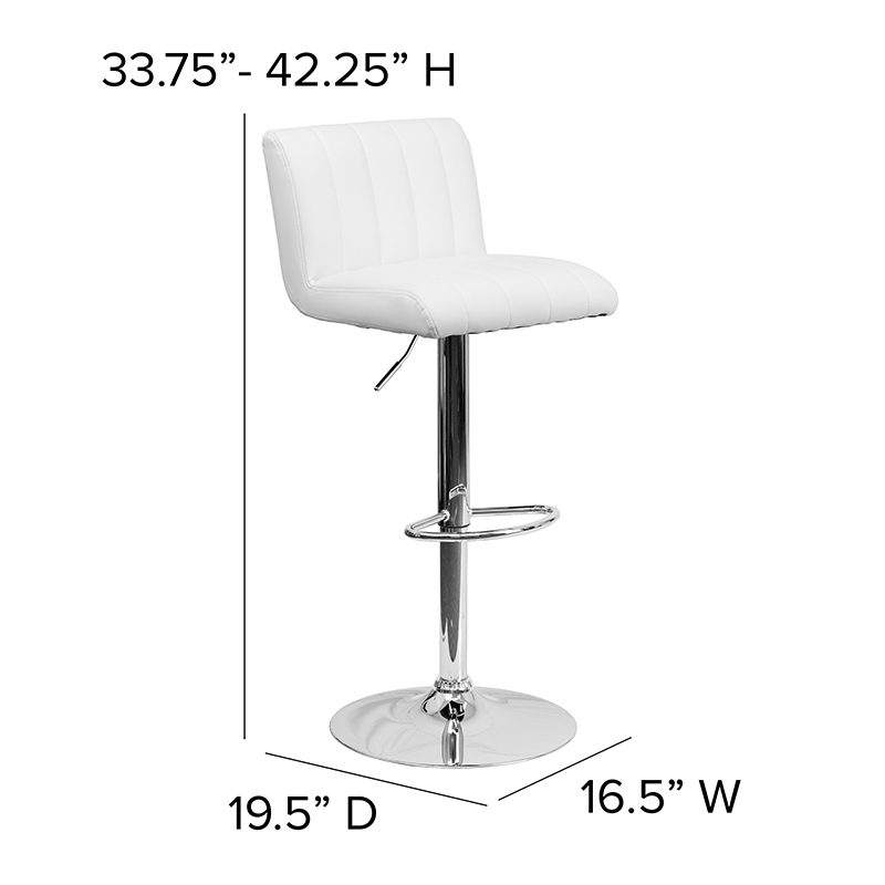 Contemporary White Vinyl Adjustable Height Barstool With Vertical Stitch Back And Seat And Chrome Base