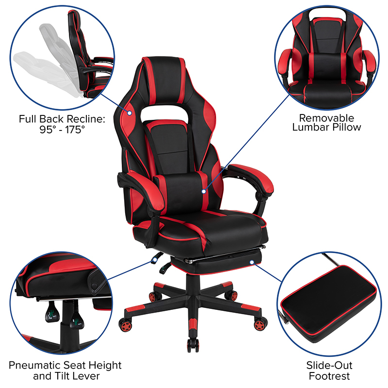 Red Gaming Desk With Cup Holder And Headphone Hook & Red Reclining Back And Arms Gaming Chair With Footrest