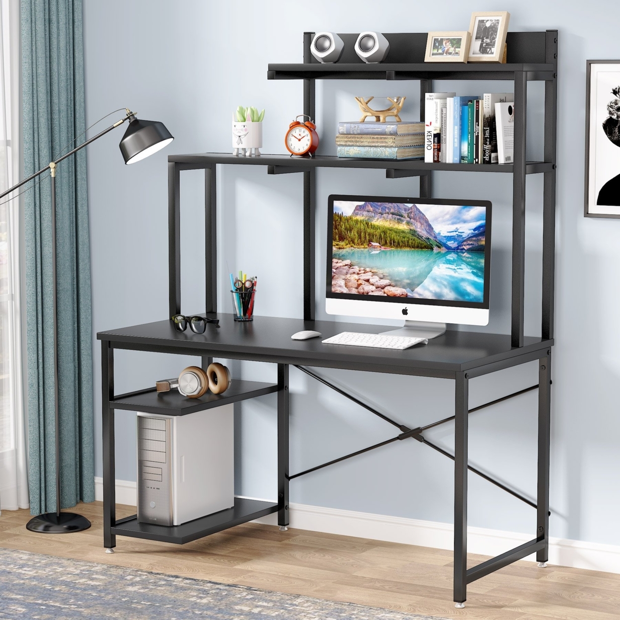 Tribesigns Computer Desk With Shelves And Hutch, 47 Inch Home Office Desk With Storage Bookshelf CPU Stand - Black
