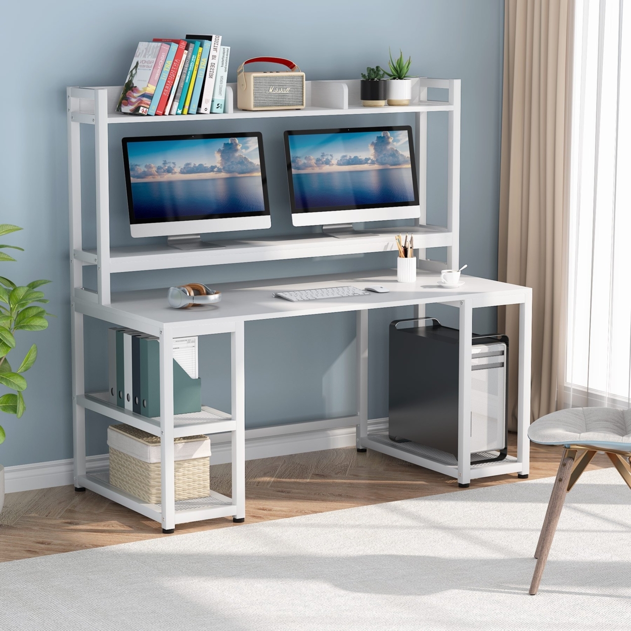 Tribesigns 55 Inches Computer Desk With Hutch And Monitor Stand Riser - White