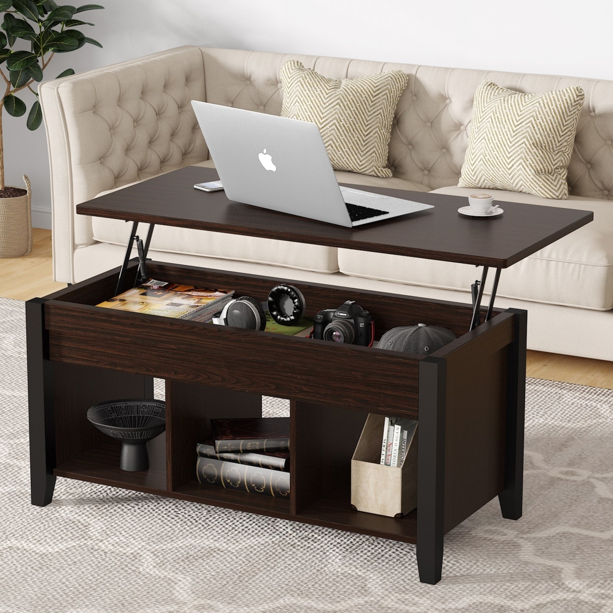Tribesigns Lift Top Coffee Table With Storage Shelves, Lift Up Center Table - Light Black