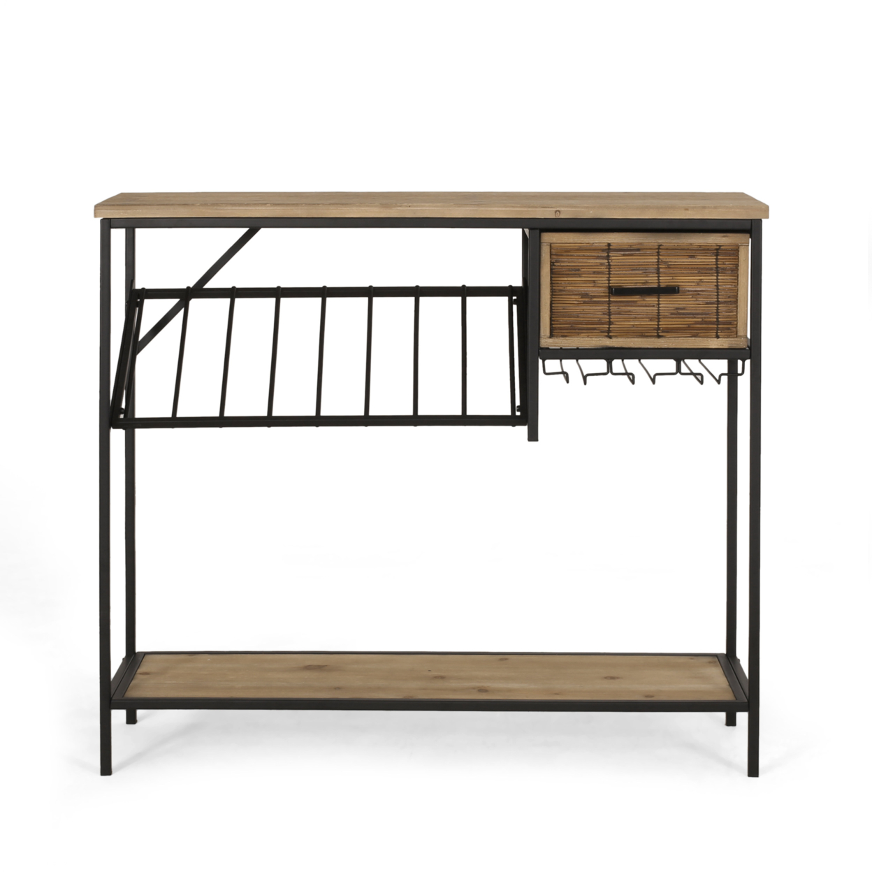 Broadwater Boho Industrial 8 Bottle Wine Rack Console Table With Storage, Natural And Black