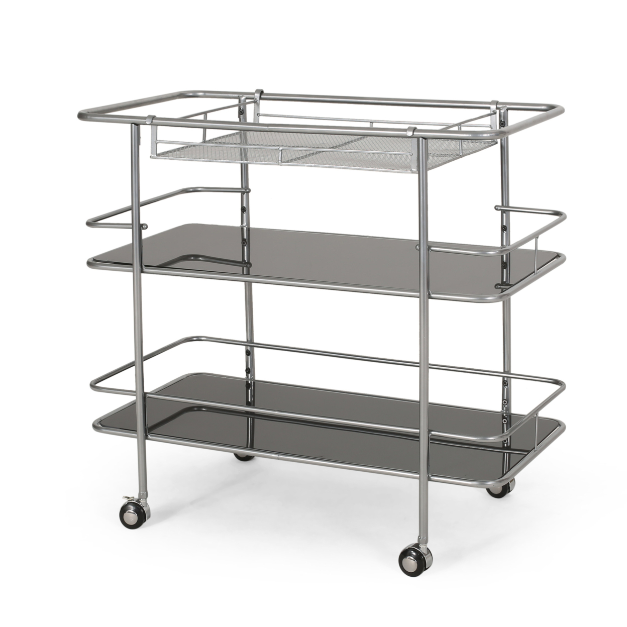 Galata Modern 3 Tier Bar Cart With Glass Shelving, Silver And Black