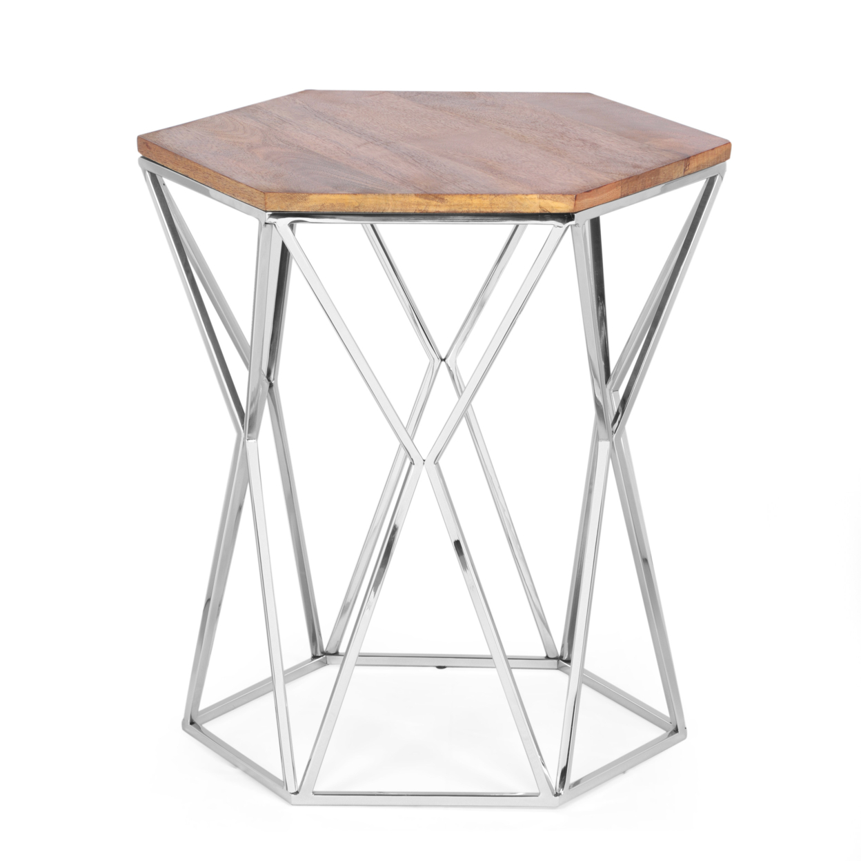 Bellion Rustic Glam Handcrafted Mango Wood Side Table, Walnut And Polished Nickel