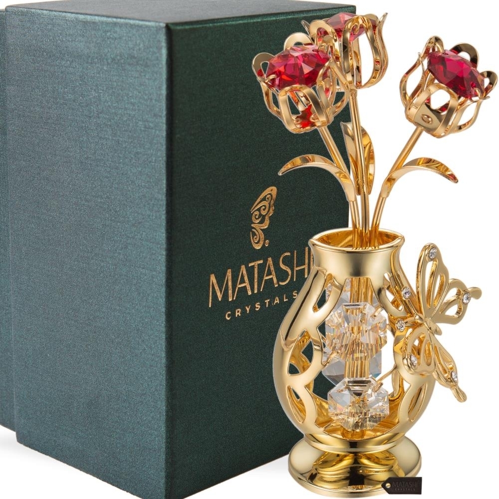 Matashi 24K Gold Plated Crystal Studded Flower Ornament In Vase With Decorative Butterfly (Red Crystals)