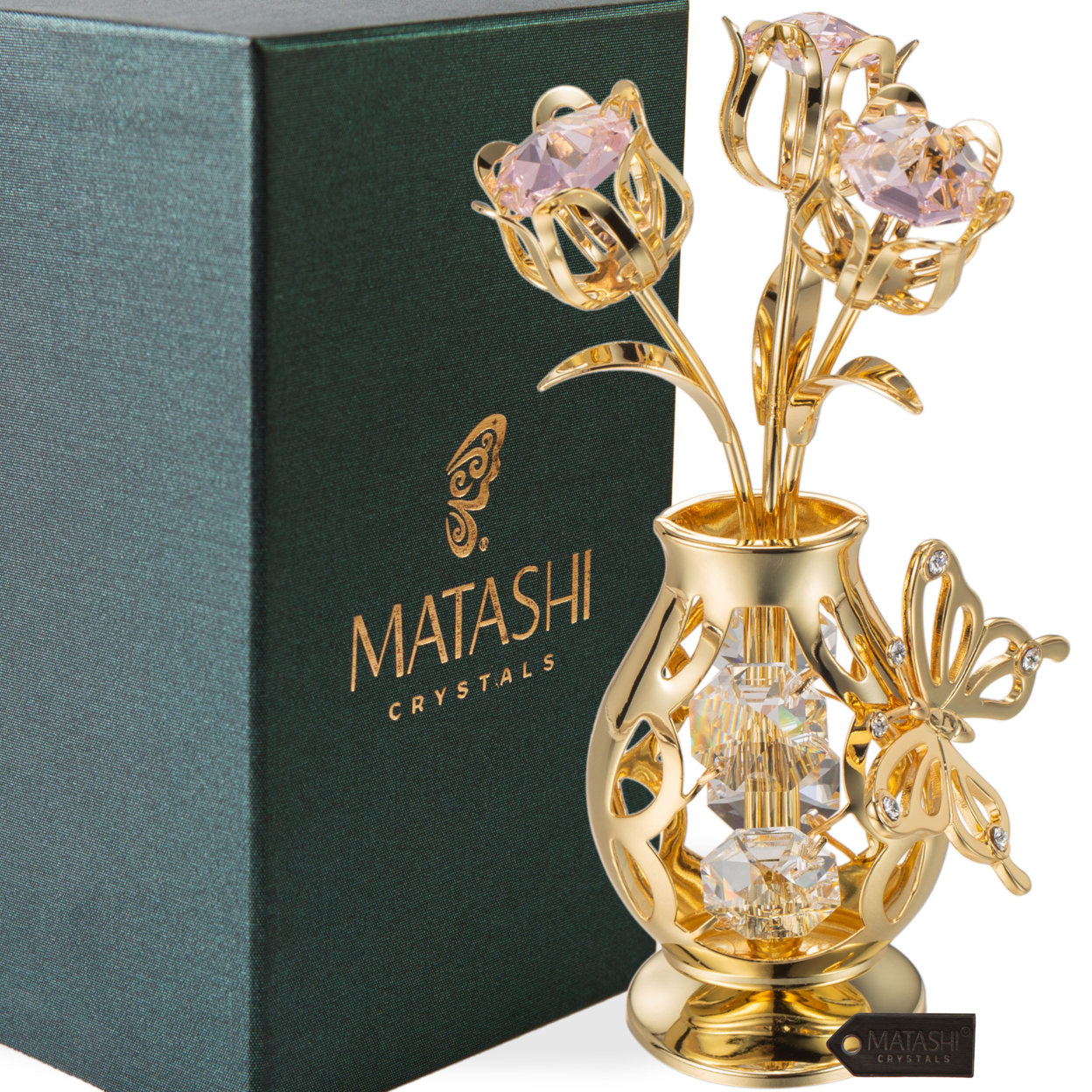 Matashi 24K Gold Plated Crystal Studded Flower Ornament In A Vase With Decorative Butterfly (Pink Crystals)